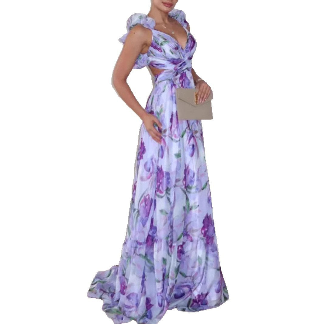 Women's Floral Print Ruffle Strap Sleeveless Maxi Dress