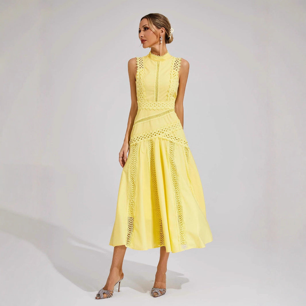 Women's Sleeveless Mock Neck Lace Panel Midi Dress