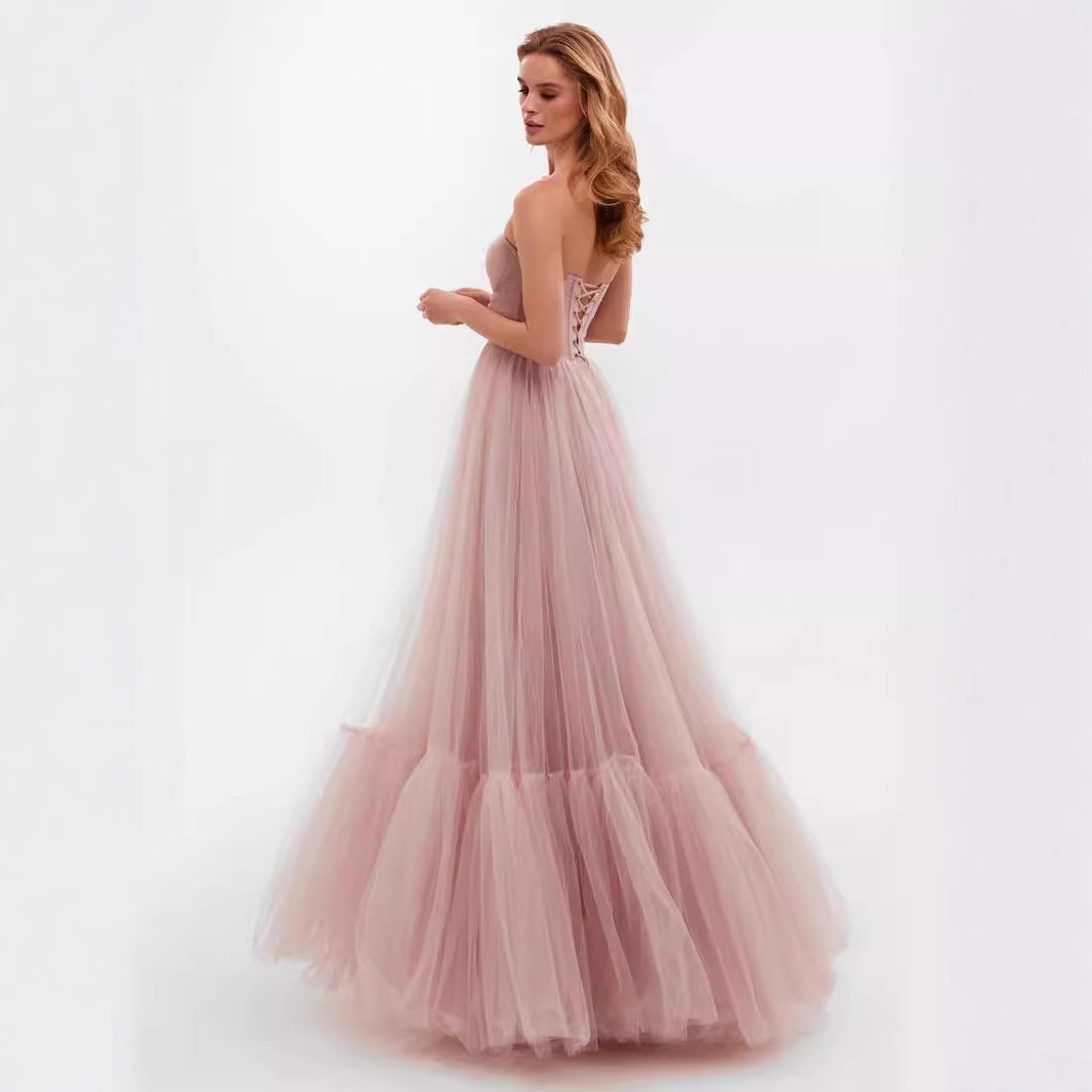Women's Off Shoulder Long Sleeve Tulle Maxi Dress