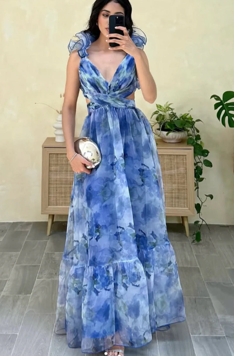 Women's Floral Print Ruffle Strap Sleeveless Maxi Dress