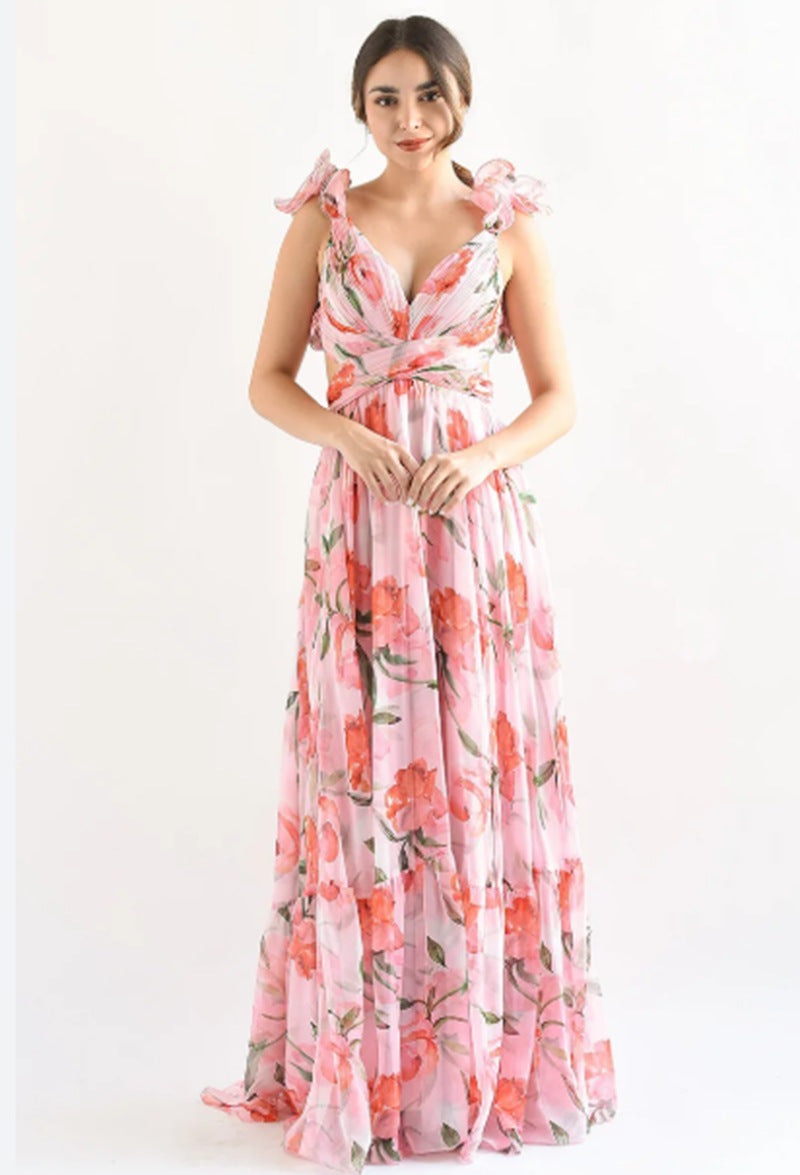 Women's Floral Print Ruffle Strap Sleeveless Maxi Dress