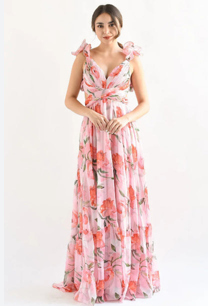 Women's Floral Print Ruffle Strap Sleeveless Maxi Dress
