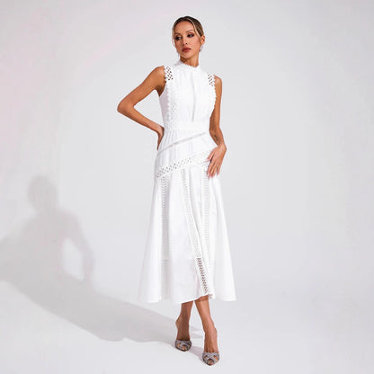 Women's Sleeveless Mock Neck Lace Panel Midi Dress