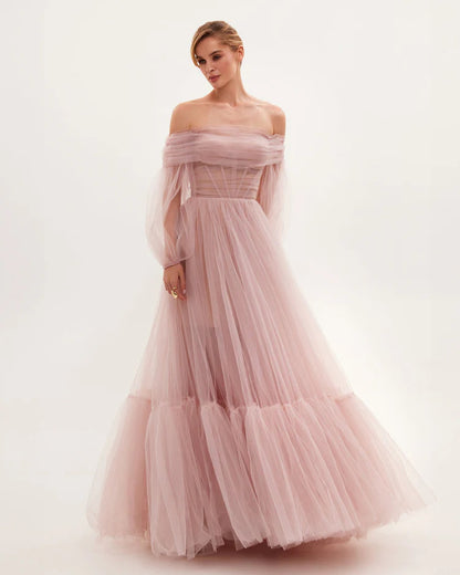 Women's  Off  Shoulder  Long  Sleeve  Tulle Maxi  Dress