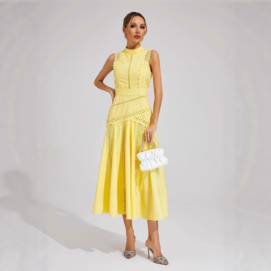 Women's Sleeveless Mock Neck Lace Panel Midi Dress
