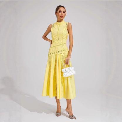 Women's Sleeveless Mock Neck Lace Panel Midi Dress