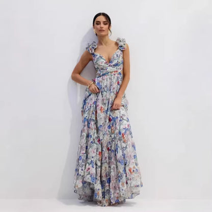 Women's Floral Print Ruffle Strap Sleeveless Maxi Dress
