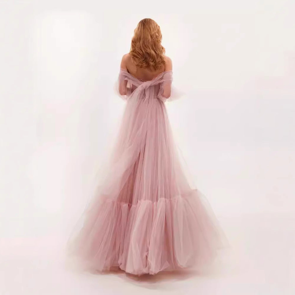 Women's  Off  Shoulder  Long  Sleeve  Tulle Maxi  Dress