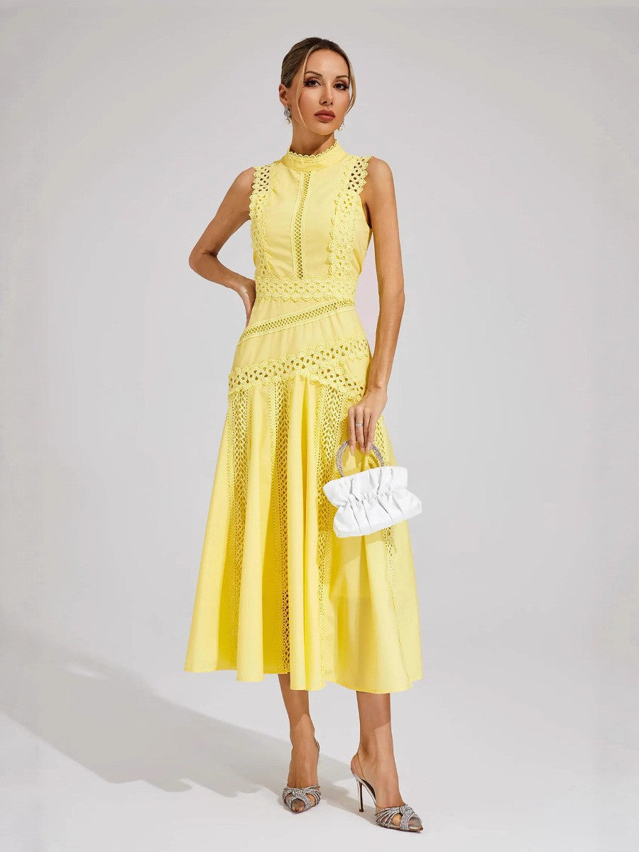 Women's Sleeveless Mock Neck Lace Panel Midi Dress