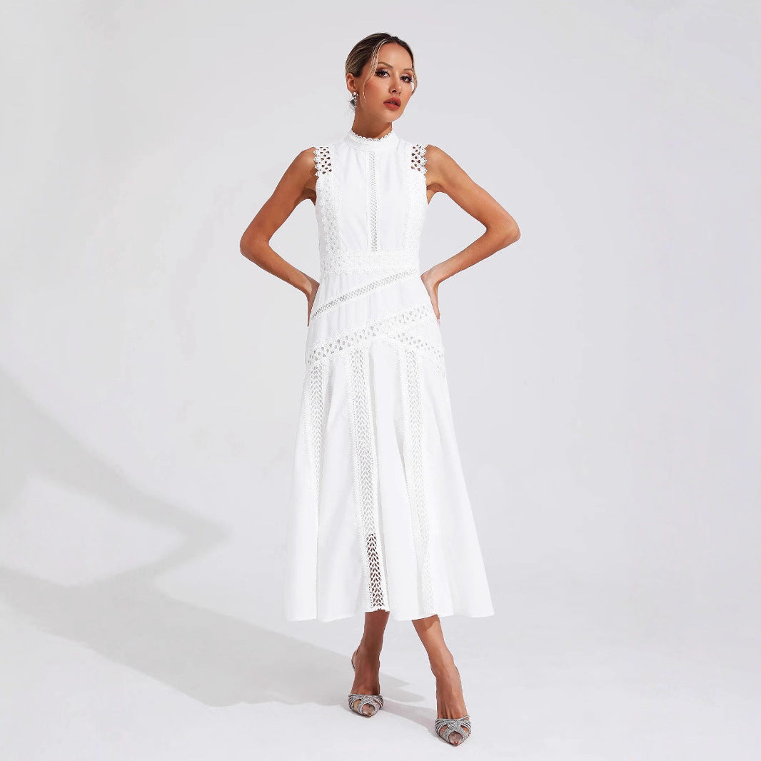 Women's Sleeveless Mock Neck Lace Panel Midi Dress