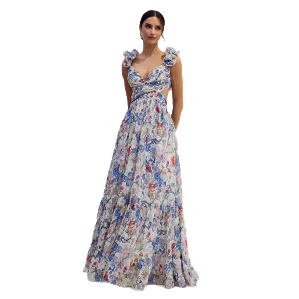 Women's Floral Print Ruffle Strap Sleeveless Maxi Dress