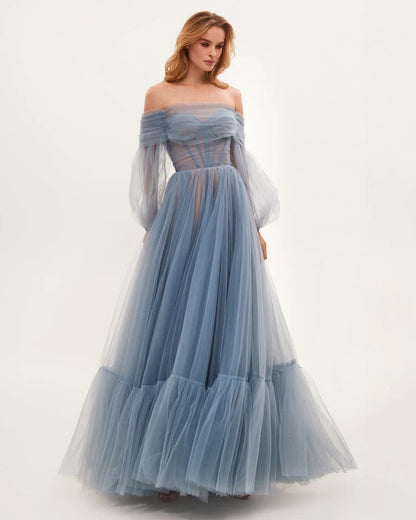 Women's  Off  Shoulder  Long  Sleeve  Tulle Maxi  Dress
