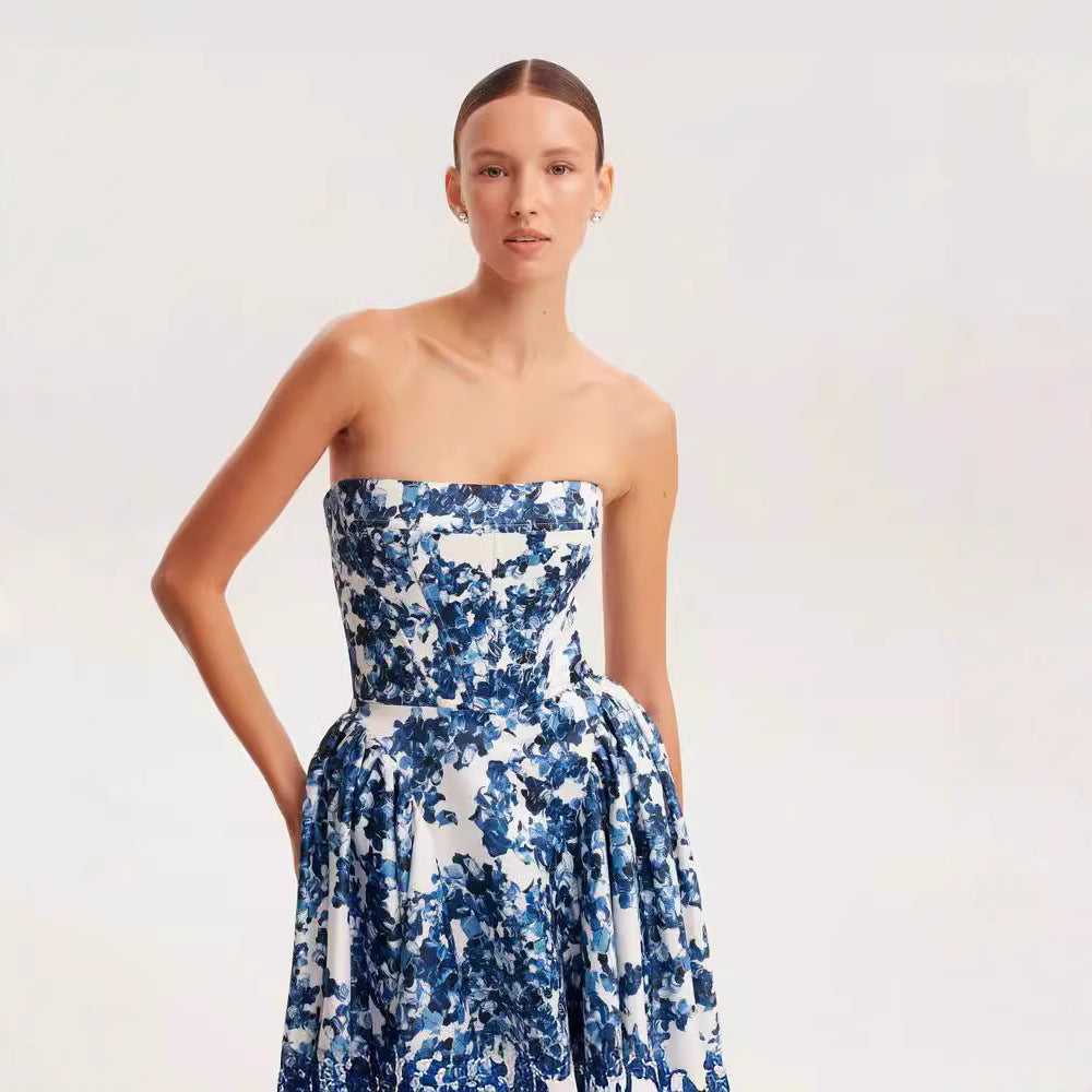 Women's  Strapless  Floral  Print  Maxi  Dress