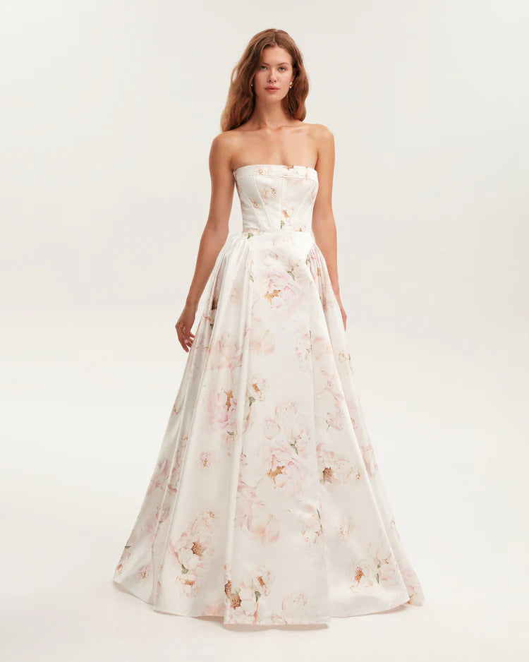 Women's  Strapless  Floral  Print  Maxi  Dress