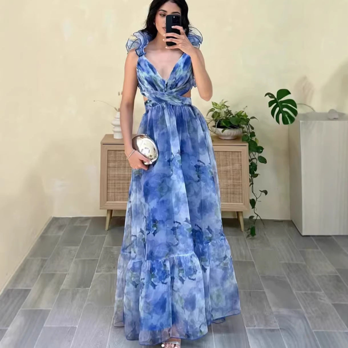 Women's Floral Print Ruffle Strap Sleeveless Maxi Dress
