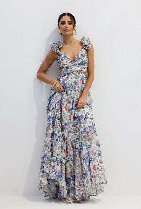 Women's Floral Print Ruffle Strap Sleeveless Maxi Dress