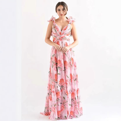 Women's Floral Print Ruffle Strap Sleeveless Maxi Dress