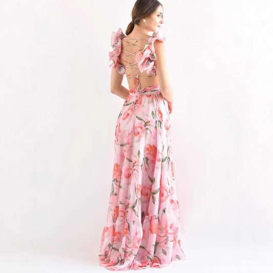 Women's Floral Print Ruffle Strap Sleeveless Maxi Dress